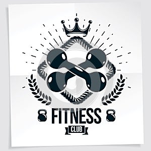 Cross fit motivation vector poster made using two dumbbells crossed and kettle bell sport fitness equipment.