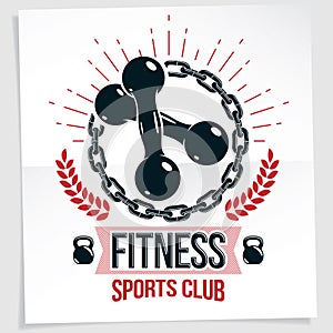 Cross fit motivation vector poster made using two dumbbells crossed and kettle bell sport fitness equipment.