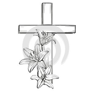 Cross and floral blooming lilies, a symbol of Christianity