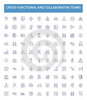 Cross-functional and collaborative teams line icons, signs set. Collaborative, Cross functional, Teams, Integration