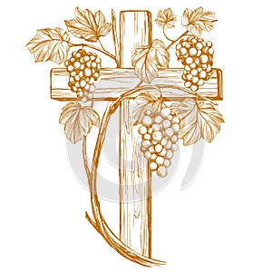 Cross and grape vine, grape, , Easter . symbol of Christianity hand drawn vector illustration sketch