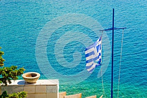 Cross with Greek flag and sea, Aegean Sea Island