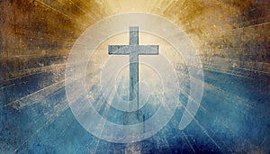 Cross on grunge background. Cross with rays of light. Christian symbol.