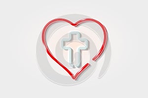 Cross and heart, Jesus in the heart glowing 3D symbol, card template on light blue background. Vector illustration