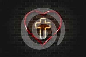 Cross and heart, Jesus in the heart glowing neon sign or glass tube on a black brick wall. Realistic vector art