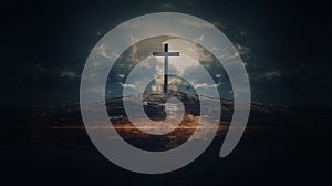 A Cross on a hill with the Moon in Background