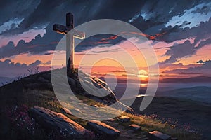 Cross on the hill at sunset, 3d rendering. Computer digital drawing