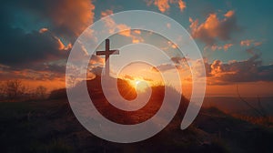 Cross on a hill at sunset and blue sky