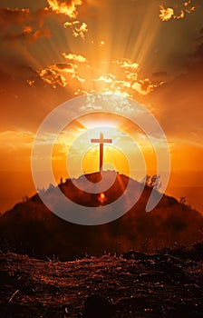 Cross on the hill - symbol of crucifixion of Jesus Christ. On beautiful sunset background