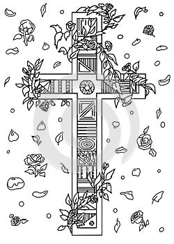Cross with incrustation and rose wreath. Coloring book drawing for Christian people. Gothic cross with flower creeper photo