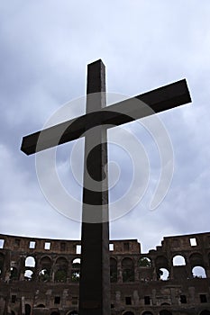 Cross inside the Roman Coliseum, Italy.