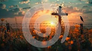 the cross of jesus christ breaks through the barrier wire on calvary s cross sunday background