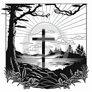 Cross of Jesus Christ in the forest. Black and white illustration