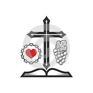 The cross of Jesus Christ, a heart framed with a crown of thorns, a vine and a bible.