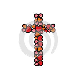 The cross of Jesus Christ, is laid decorative hearts