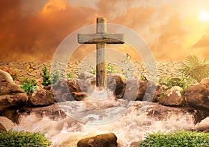 Cross of Jesus Christ, Son of God, in the Oasis spouting water for eternal life