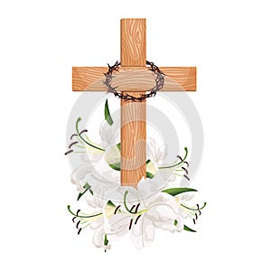 Cross with lilies isolated on white background. Religious symbols wooden cross, white lily and crown of thorns