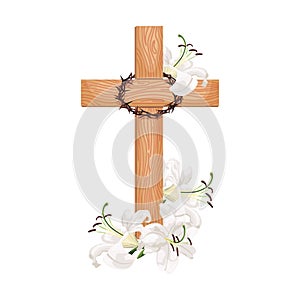 Cross with lilies isolated on white background. Religious symbols wooden cross, white lily and crown of thorns