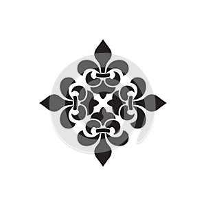 Cross of Lilies, Royal heraldic cross. Fleur de Lis sign, musketeer icon. Vector element on white background