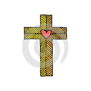 Cross of the Lord and Savior Jesus Christ with a heart, drawn by hand. Christian and biblical symbols