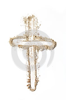 Cross made of ashes on white background