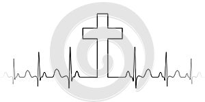 Cross mark symbol Christian faith, a vector single line, the cross and the pulse heart beats, the excitement of religion