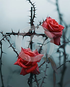 A cross mark of thorns that blooms into roses when an error is corrected, symbolizing growth from mistakes , advertise photo