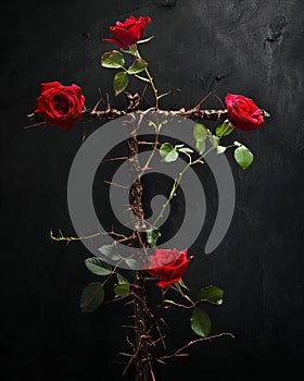 A cross mark of thorns that blooms into roses when an error is corrected, symbolizing growth from mistakes , advertise photo