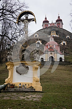 Cross and middle and superior church at baroque calvary, Banska Stiavnica, Slovakia