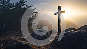 Cross in midst of misty forest. Christian symbol among rocks and trees. Concept of finding the way