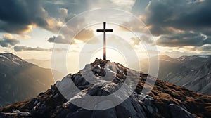Cross on mountain peak with dramatic clouds