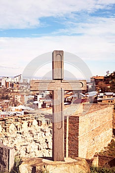 Cross in Narikala fortress - ancient place in Tbilisi