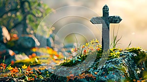 Cross in Nature with Flowers in a Quietly Morbid Style
