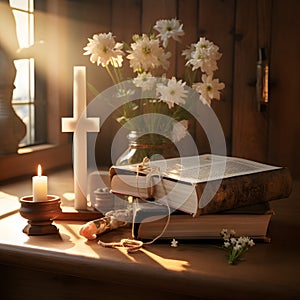 cross and an open Holy Bible, both bathed in gentle sunlight