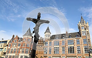 Cross over old buildings of Antwerp, Belgium