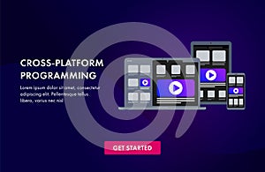 Cross platform software development and coding programming website template, landing page or banner isometric 3D design