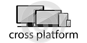 Cross-platform web content. Devices - smartphone, tablet, laptop and desktop computer with text below. Flat vector