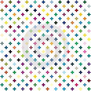 Cross, plus sign geometric seamlessly repeatable pattern, background, texture. Colorful, vivid, vibrant background illustration