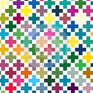 Cross, plus sign geometric seamlessly repeatable pattern, background, texture. Colorful, vivid, vibrant background illustration