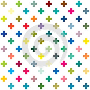 Cross, plus sign geometric seamlessly repeatable pattern, background, texture. Colorful, vivid, vibrant background illustration