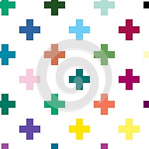 Cross, plus sign geometric seamlessly repeatable pattern, background, texture. Colorful, vivid, vibrant background illustration