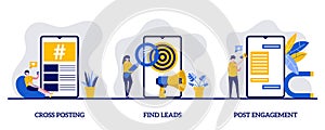 Cross-posting, find leads, post engagement concept with character. Modern promotion methods icons. Marketing network abstract illu