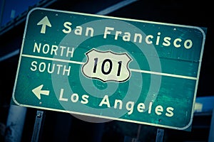 Cross processed highway 101 sign in Southern California