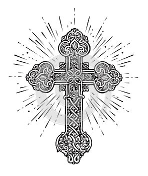 Cross and rays of radiance. Worship, church, bible, prayer symbol. Faith in God sketch illustration