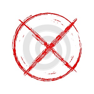 Cross in a red circle prohibition sign. No symbol in grunge style isolated on white. Vector illustration