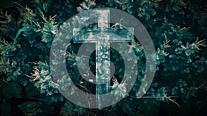 Cross in Dark Teal Grass and Wooden Grave Stone photo
