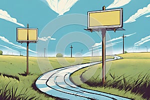 Cross roads with billboard in an outdoor display with grass and blue sky showing a fork in the road representing the concept of a