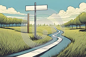 Cross roads with billboard in an outdoor display with grass and blue sky showing a fork in the road representing the concept of a