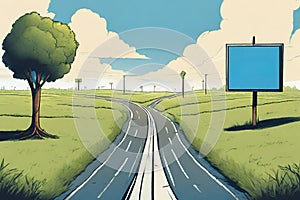 Cross roads with billboard in an outdoor display with grass and blue sky showing a fork in the road representing the concept of a