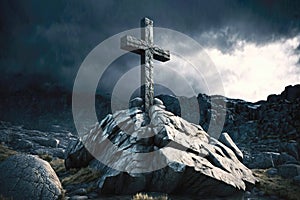 Cross On A Rocky Outcropping , Cinematic. Generative AI